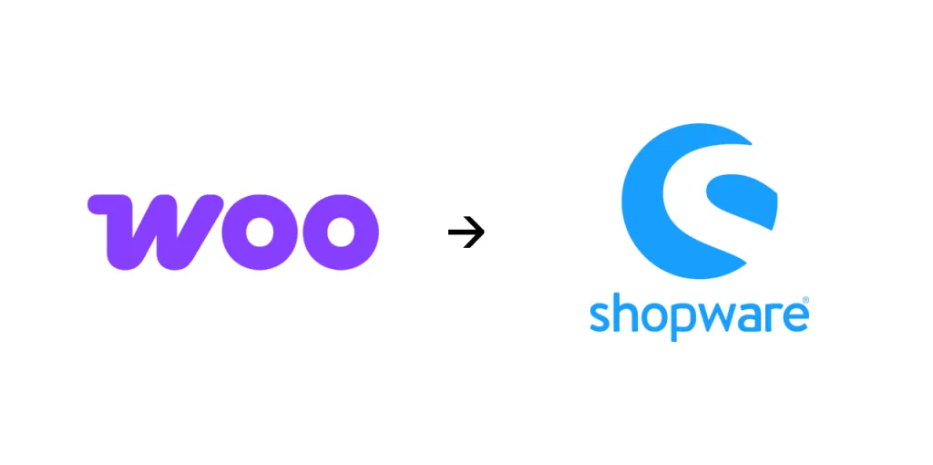 Zwei Logos nebeneinander: links das lila „woo“-Logo von WooCommerce, rechts das blaue Shopware-Logo mit Schriftzug. Dazwischen ein Pfeil, der von WooCommerce zu Shopware zeigt – als Symbol für eine Systemmigration.