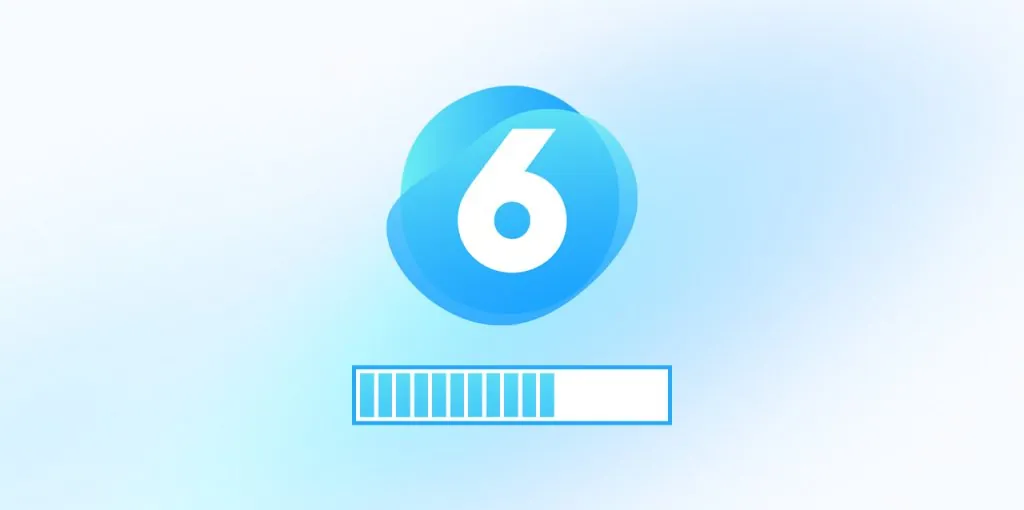 Das blaue Shopware-6-Logo, bestehend aus einer weißen Ziffer 6 in einem kreisrunden, leicht transparenten Verlaufskreis mit überlappenden Blasen-Elementen, steht über einem halb gefüllten Ladebalken auf hellem Hintergrund – sinnbildlich für ein laufendes Update der E-Commerce-Plattform Shopware 6.